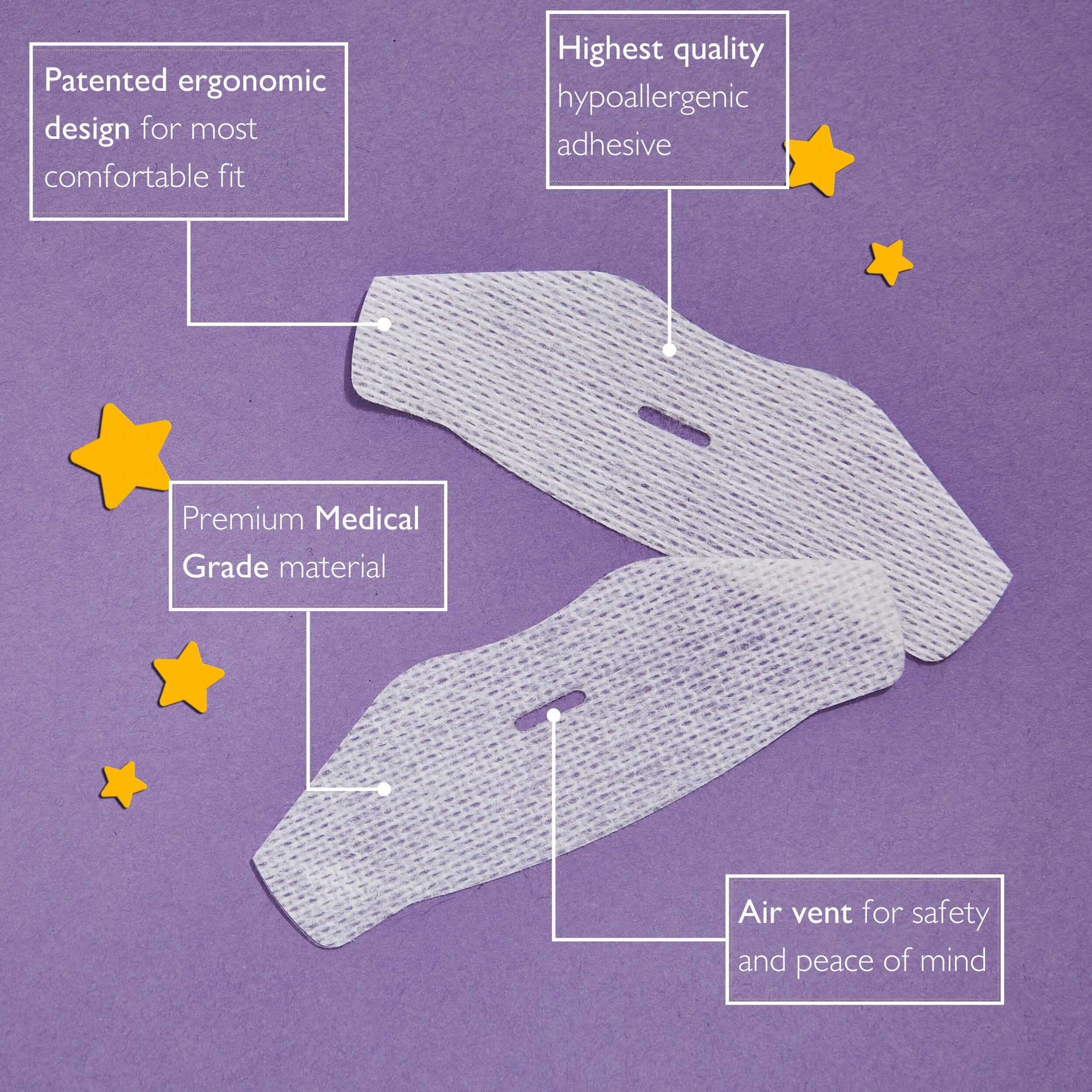 Close-up of two Sleepnotize Mouth Tape pieces with ergonomic design, medical-grade material, hypoallergenic adhesive, and air vent