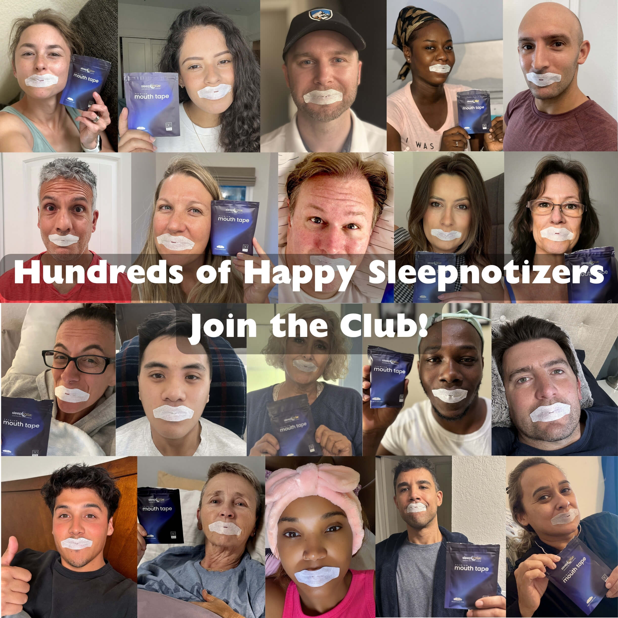 Collage of customers wearing Sleepnotize Mouth Tape, showing real user experiences, nasal breathing benefits, and snoring reduction results