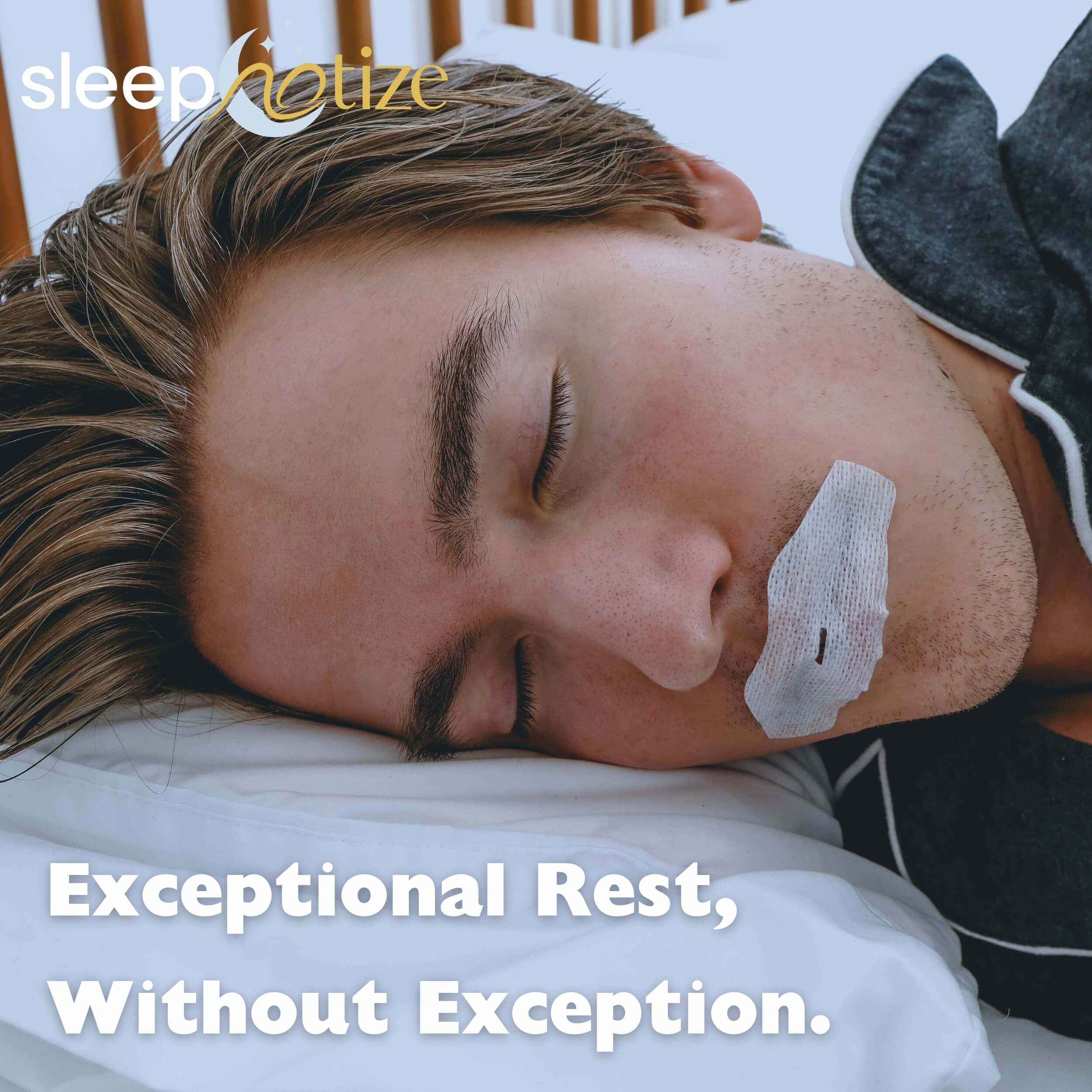 Close-up of a man sleeping peacefully with Sleepnotize Mouth Tape, promoting nasal breathing and reducing snoring for deep, restful sleep.