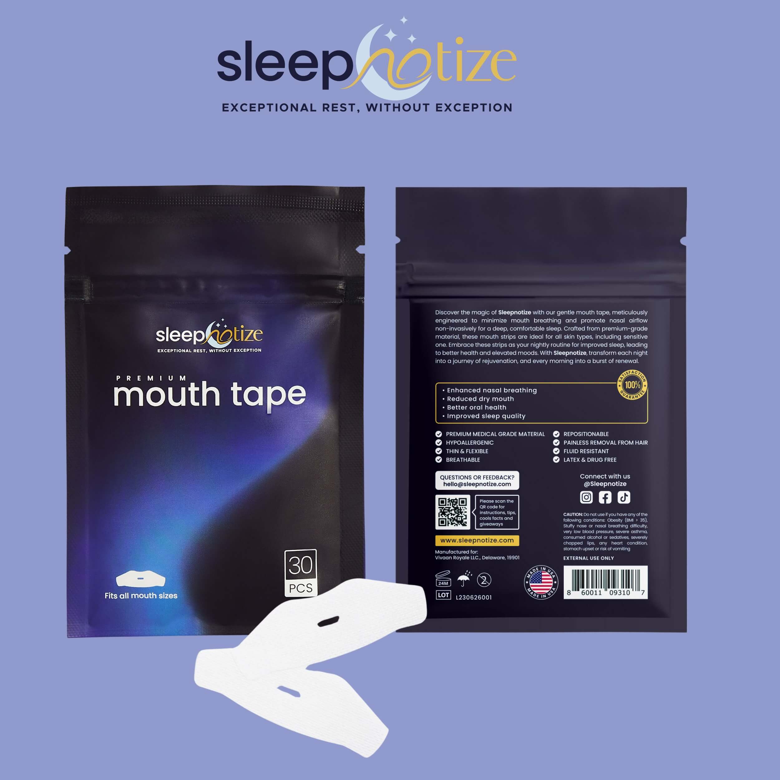 Front and back of Sleepnotize Mouth Tape pouch displayed with two tape pieces, showcasing premium packaging and high-quality sleep aid product