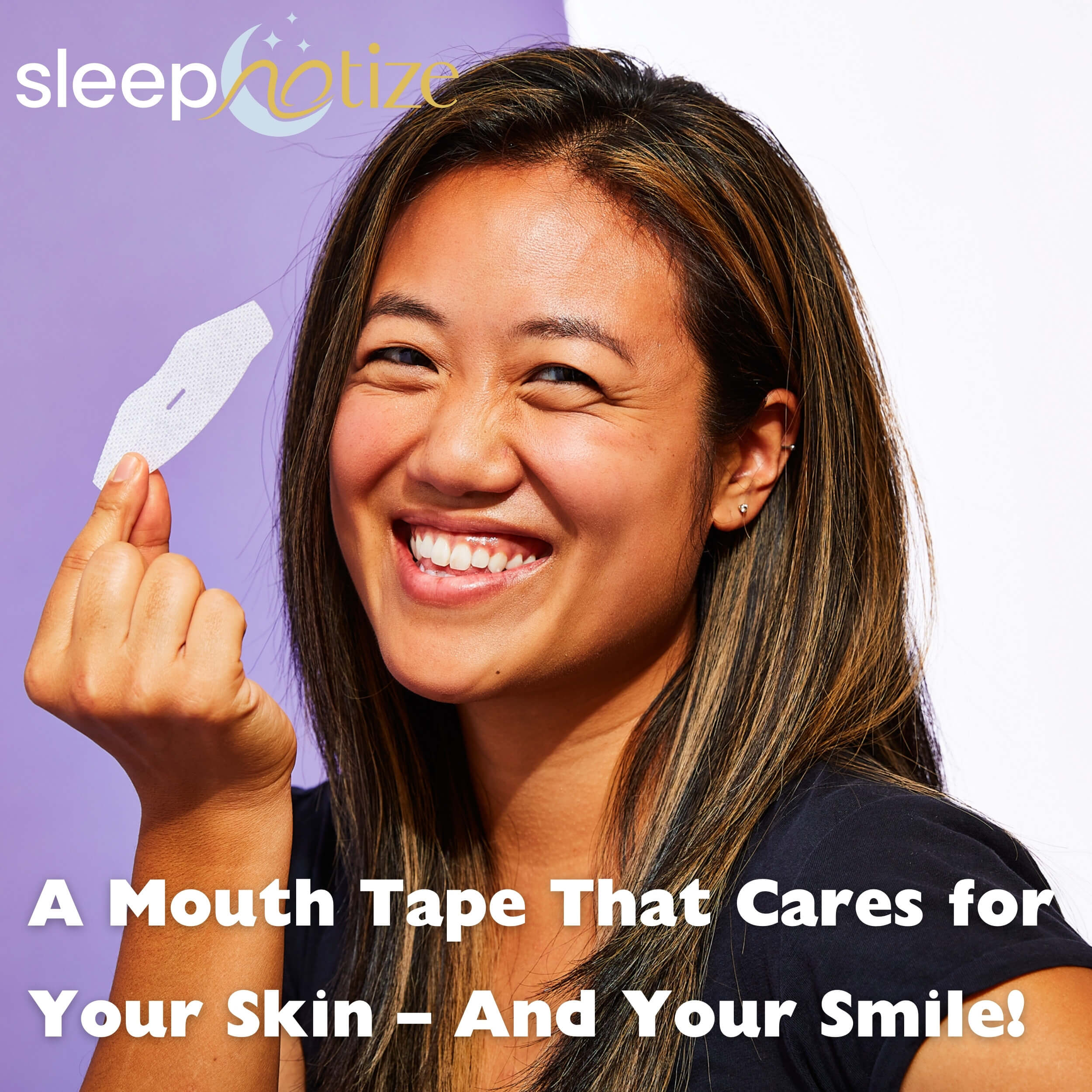 Portrait of a smiling woman holding Sleepnotize Mouth Tape, highlighting its skin-friendly design with the caption ‘A mouth tape that cares for your skin’