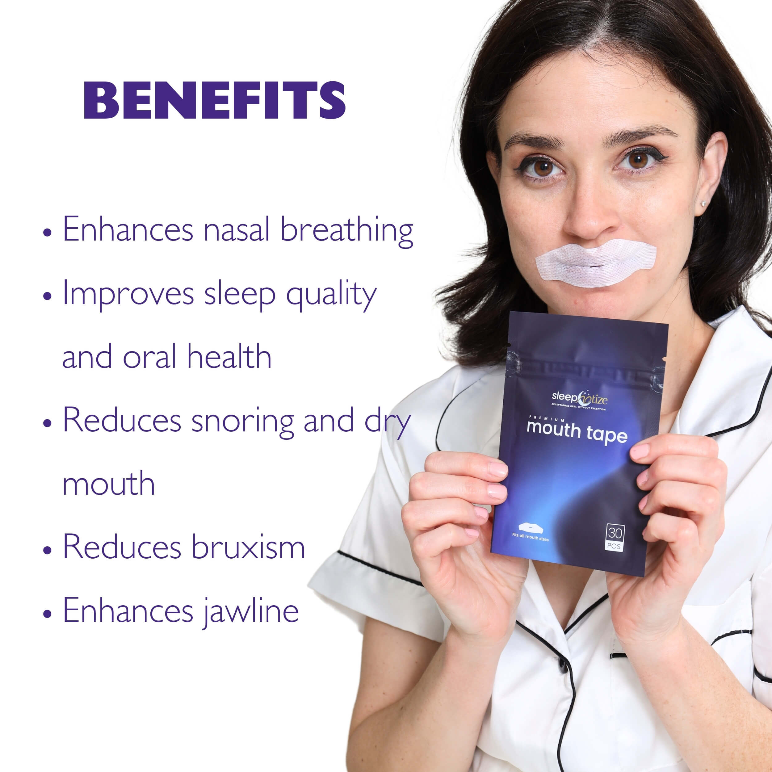 Woman in a night suit wearing Sleepnotize Mouth Tape, excitedly holding the pouch with key benefits listed, promoting better sleep and nasal breathing