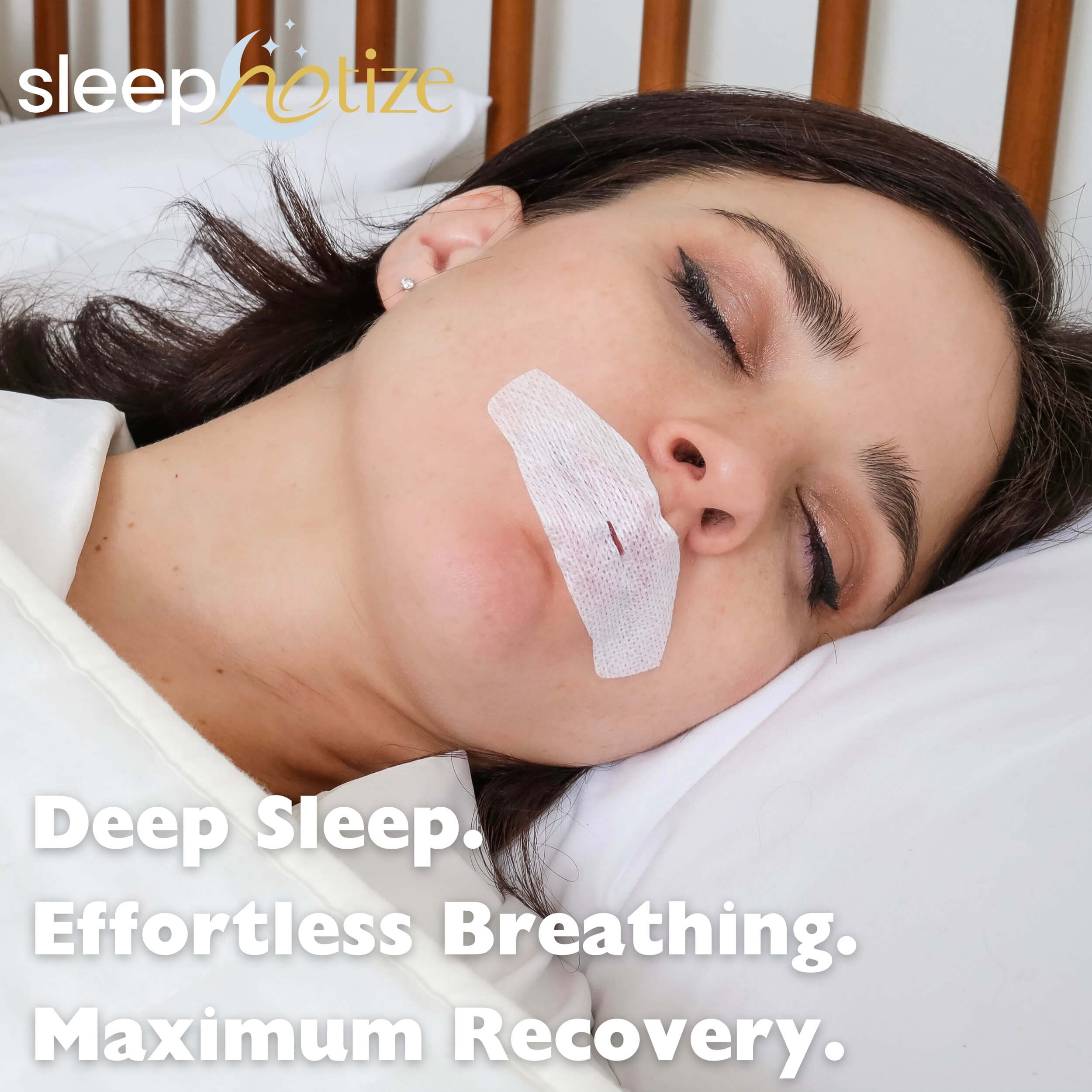 Close-up of a woman in deep, comfortable sleep wearing Sleepnotize Mouth Tape, promoting nasal breathing, relaxation, and overnight recovery