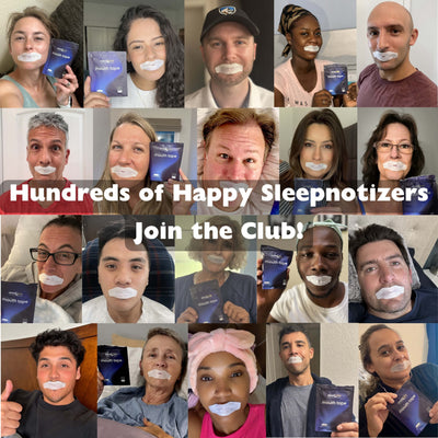 Collage of customers wearing Sleepnotize Mouth Tape, showing real user experiences, nasal breathing benefits, and snoring reduction results