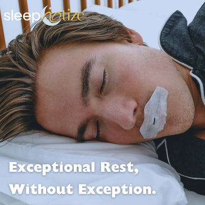 Close-up of a man sleeping peacefully with Sleepnotize Mouth Tape, promoting nasal breathing and reducing snoring for deep, restful sleep.